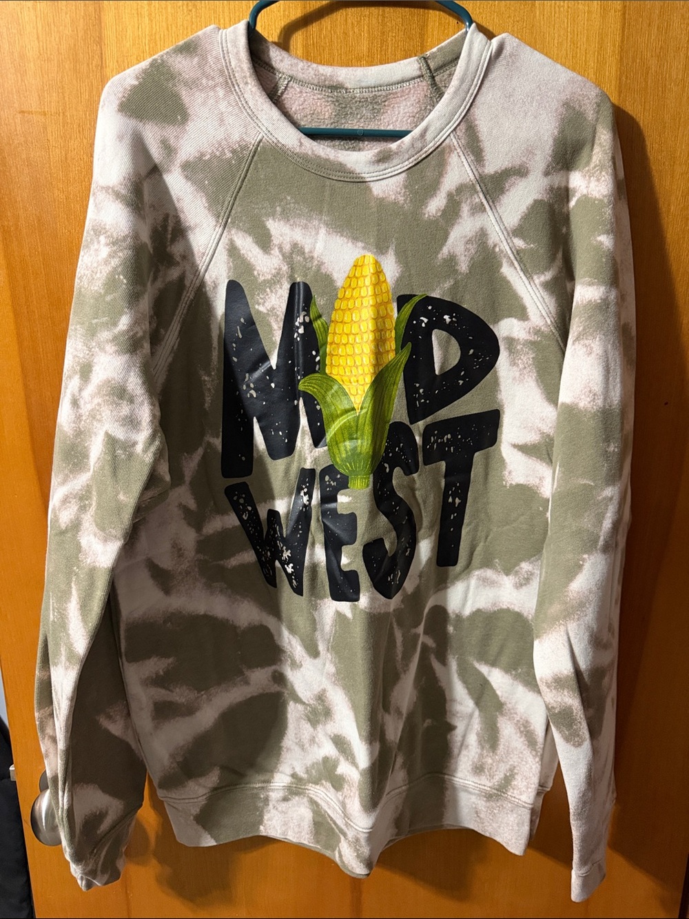Bella Canvas Olive Green and White Tie-Dye Crewneck with Corn Graphic